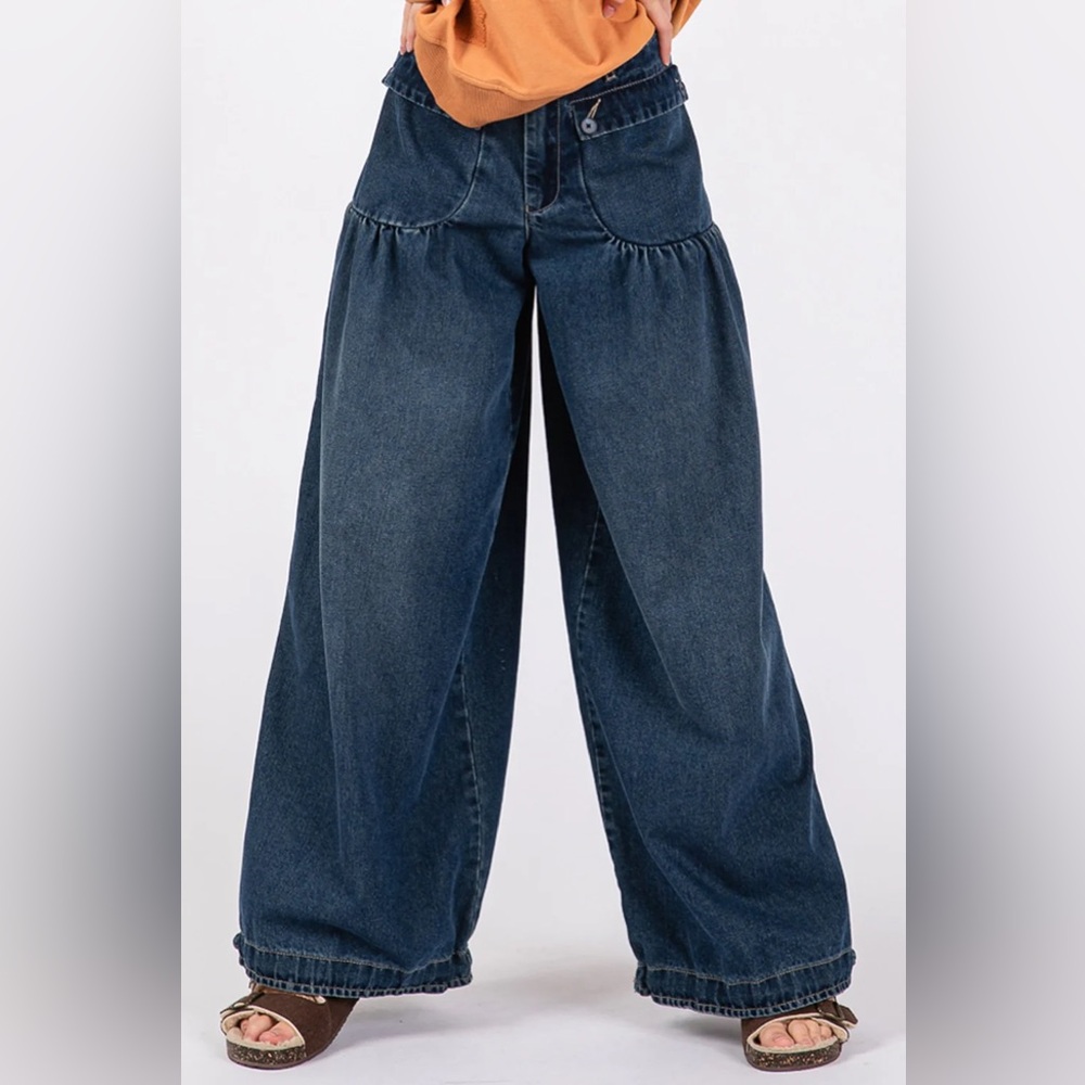 Sage + Fig High Rise Balloon Leg Drawstring Hem Jeans in Denim Blue - Size Small